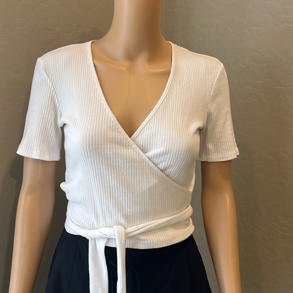 Zara white cotton blend wrap crop top S
